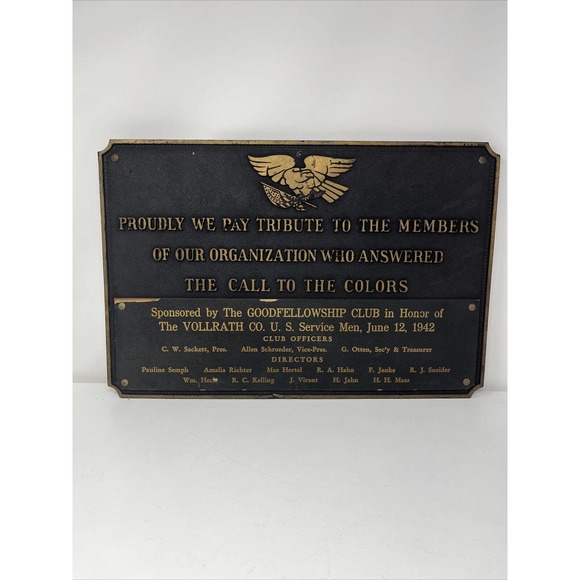 Vintage World War II 2 Plaque Vollrath military production co honoring soldiers - Picture 1 of 16